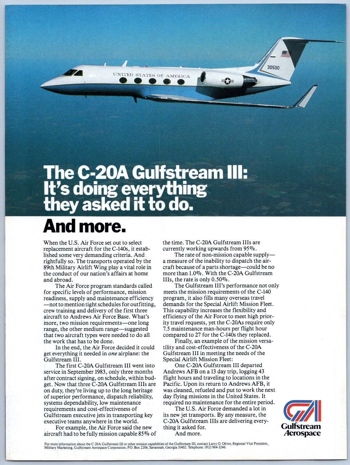 1985 Gulfstream Aerospace Aviation Ad Air Force C-20A III Airplane USAF Plane