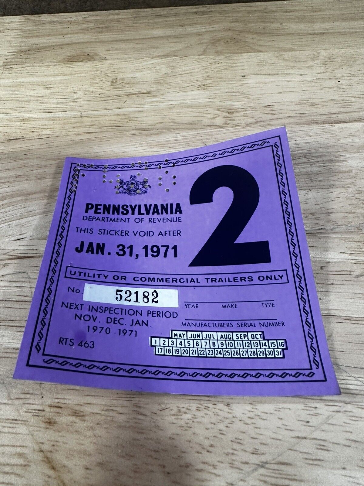 Vintage 1971 PA Pennsylvania Inspection Sticker Utility Or  Commercial Trailers